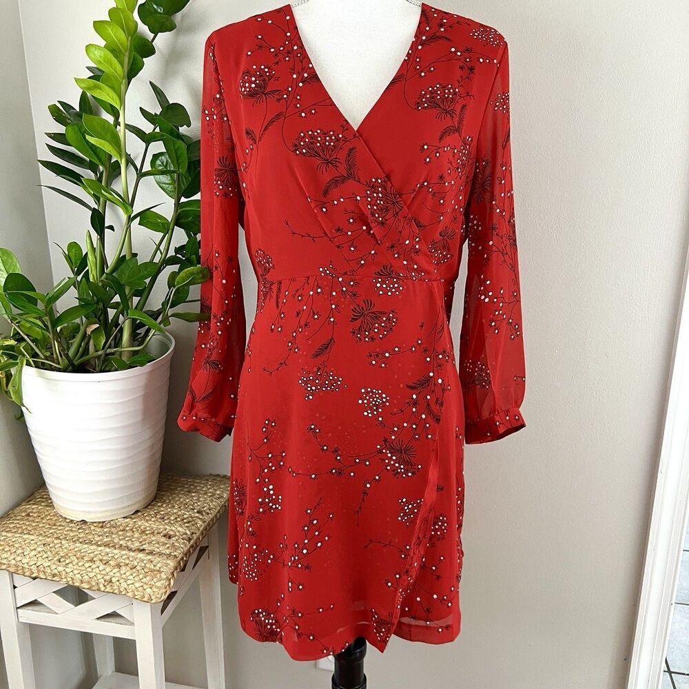 Madewell Red Hazelwood Wrap-Front Windswept Floral Mini Dress Size Medium